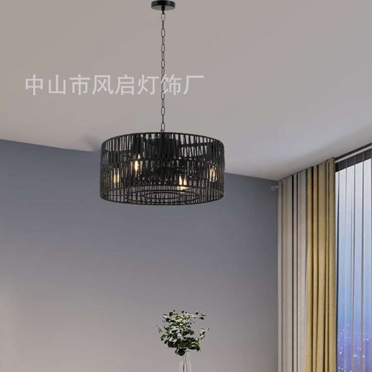 亚马逊复古风扇灯藤条麻绳美式复古工业风餐厅卧室风扇灯灯扇一体