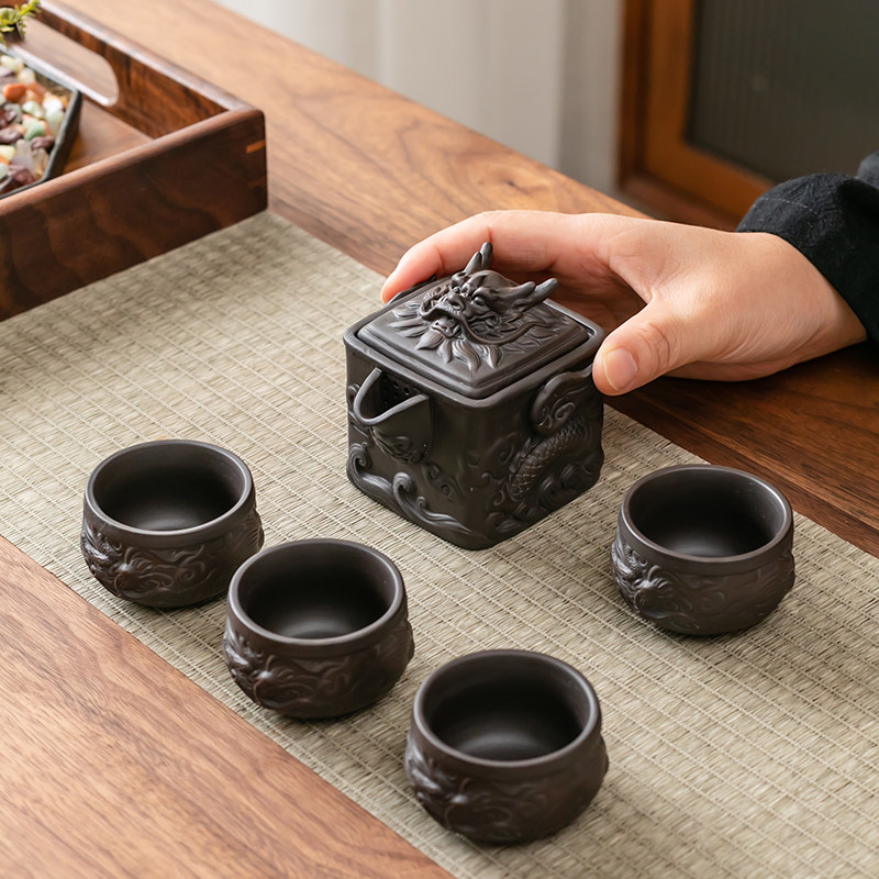 紫砂陶一壶两杯浮雕祥龙旅行茶具陶瓷功夫茶具高档礼盒户外便携式