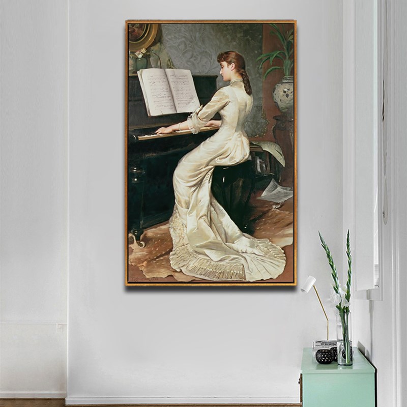 入户玄关装饰画简约竖版人物画弹琴美女挂画琴房画喷绘画可定制