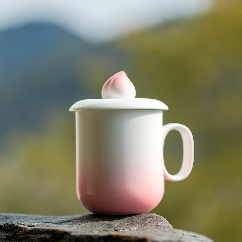 山水间 仙桃盖杯 生日礼品创意杯子高颜值可爱陶瓷情侣马克杯带盖