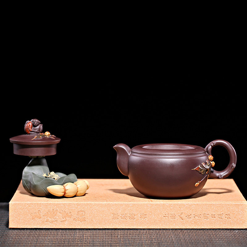 宜兴两用紫砂茶宠功夫茶具茶盘摆件莲藕玩宠青蛙莲子壶盖托荷叶托
