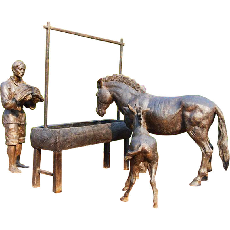 喂马玻璃钢雕塑马帮步行大型景区丝绸之路户外不锈钢铸铜雕塑摆件