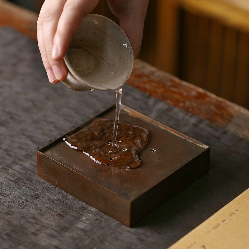 复古方形铜壶承蓄水干泡台小茶台茶盘茶承紫砂壶托功夫茶具零配件