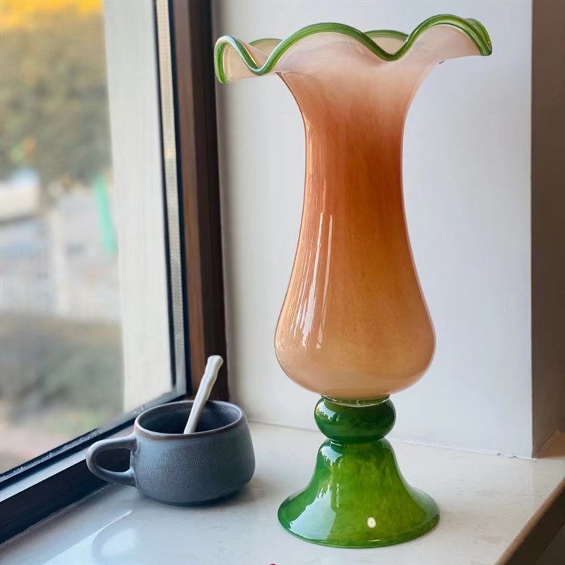 大型美式花瓣口奶橘撞绿色纯手工玻璃风灯花瓶水养插花器家居摆件