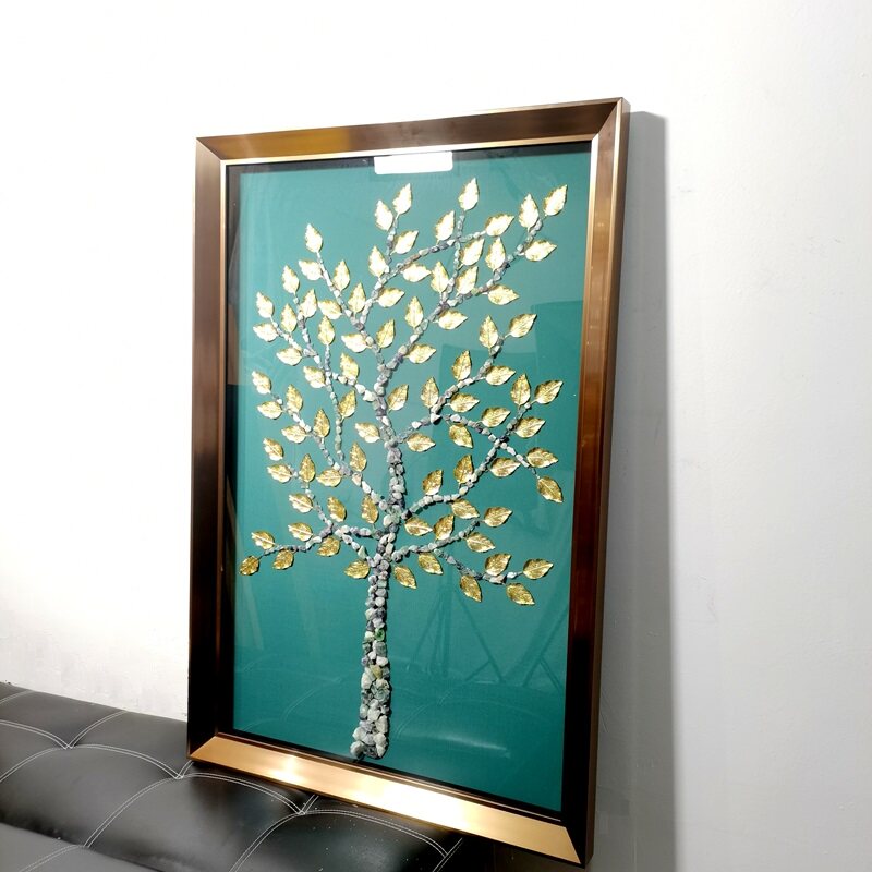 竖版装饰画玄关石子轻奢玉石立体画客厅简约发财树走廊金玉满堂