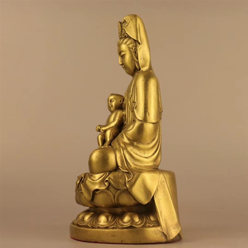 纯铜送子观音菩萨家用供奉求子坐莲五子观世音佛像保平安铜像摆件
