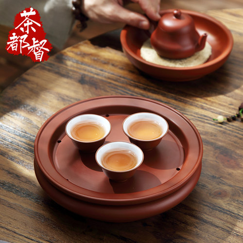潮州工夫茶具纯手拉紫砂茶船古铜钱朱泥茶盘壶承家用大号茶海10寸