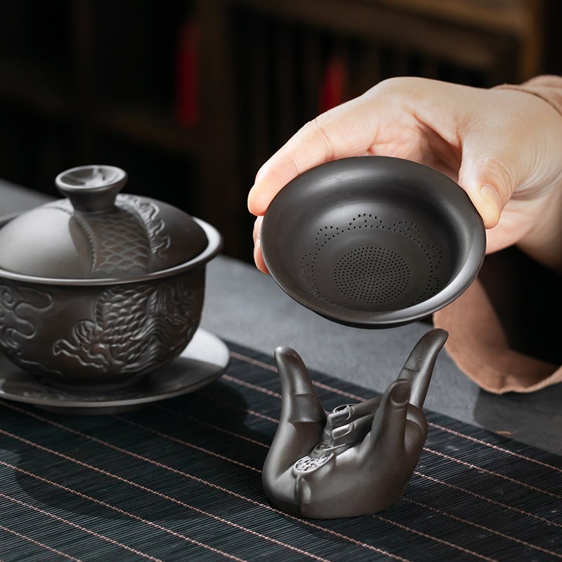 紫砂龙腾功夫茶具套装手工浮雕高档整套泡茶器黑陶复古喝茶礼盒装