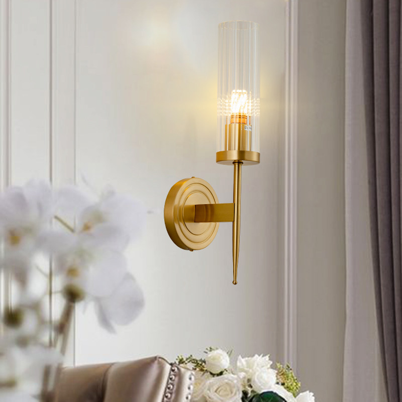 北欧纯铜双头壁灯轻奢客厅餐厅卧室简约个性条纹玻璃单头装饰墙灯