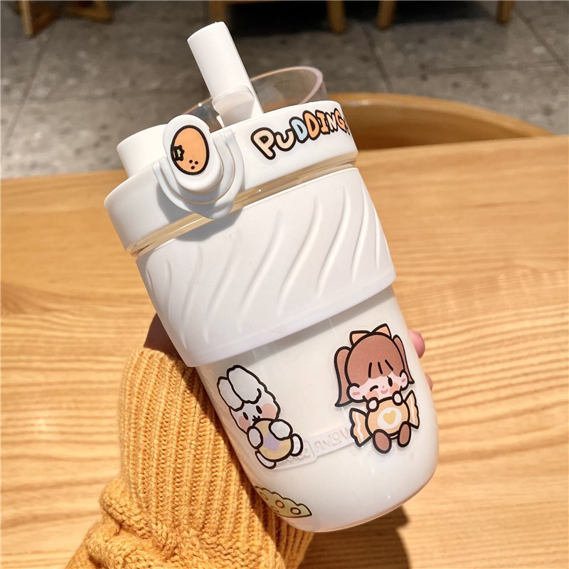 豆豆乐水杯可爱少女防烫双饮杯网红带吸管杯便携塑料简约随手杯