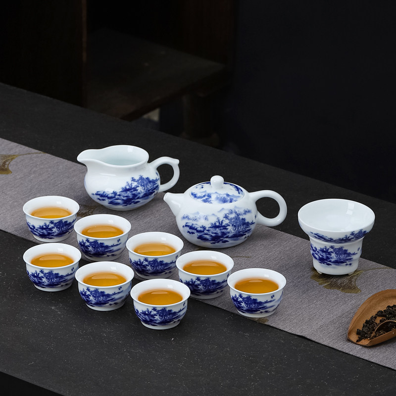 青花瓷山水茶具套装功夫茶杯家用客厅办公室会客泡茶壶陶瓷盖碗