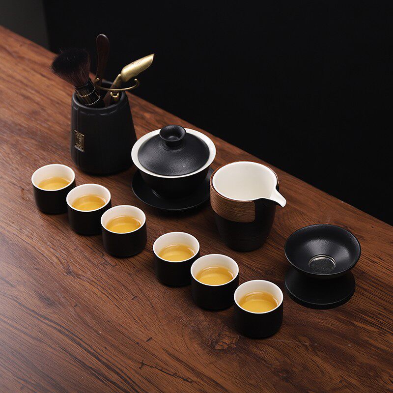 黑陶功夫茶具套装粗陶日式家用办公茶盘茶具黑禅风盖碗茶壶茶杯
