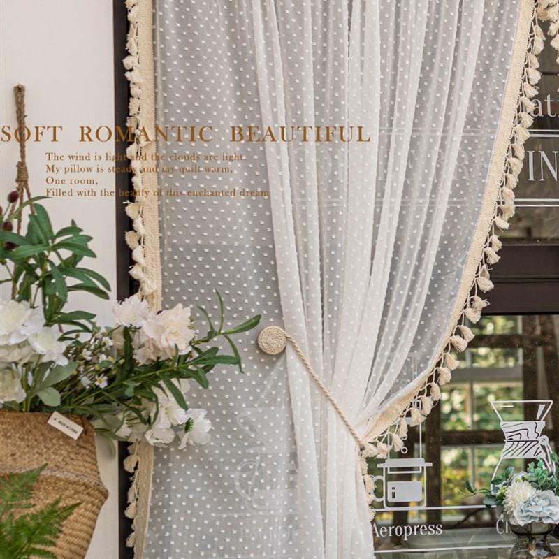 法式白色雪纺纱帘免打孔飘窗窗帘阳台隔断门帘美式乡村蕾丝半截帘