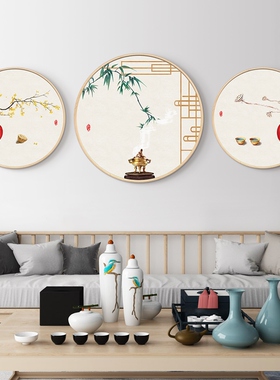 新中式餐厅墙面装饰画圆形禅意客厅挂画茶室玄关壁画中国风三定做