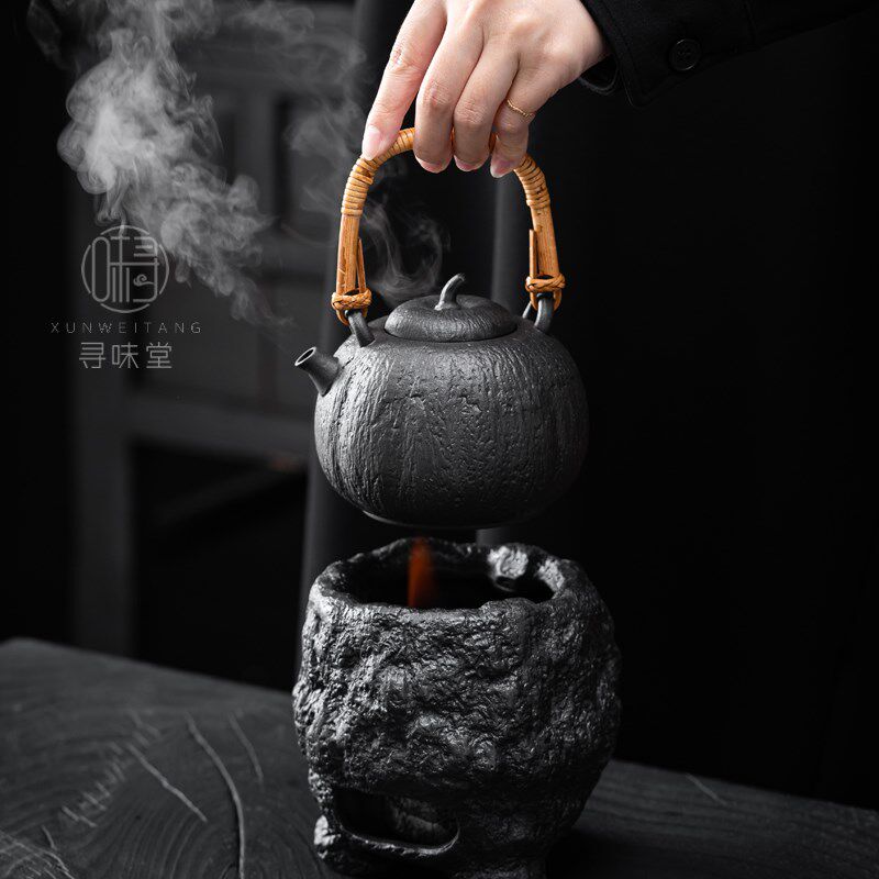 矾黑粗陶提梁壶煮茶炉复古南瓜壶酒精灯煮茶器户外室内围炉煮茶
