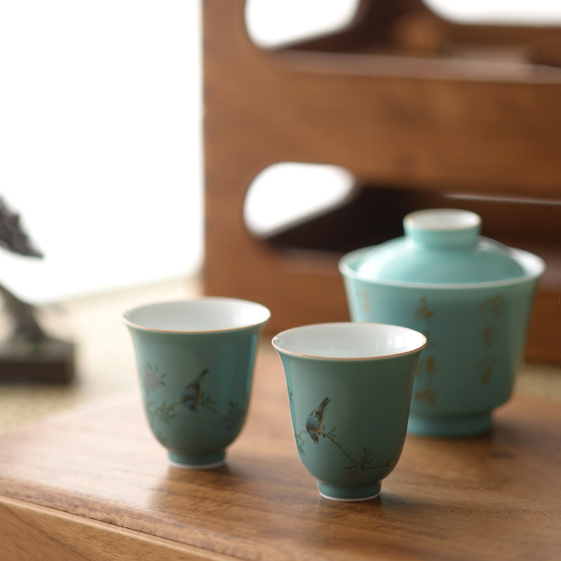 妙造手绘绿松地喜鸟登枝闻香杯 文人茶事陶瓷小茶杯 功夫茶具新品