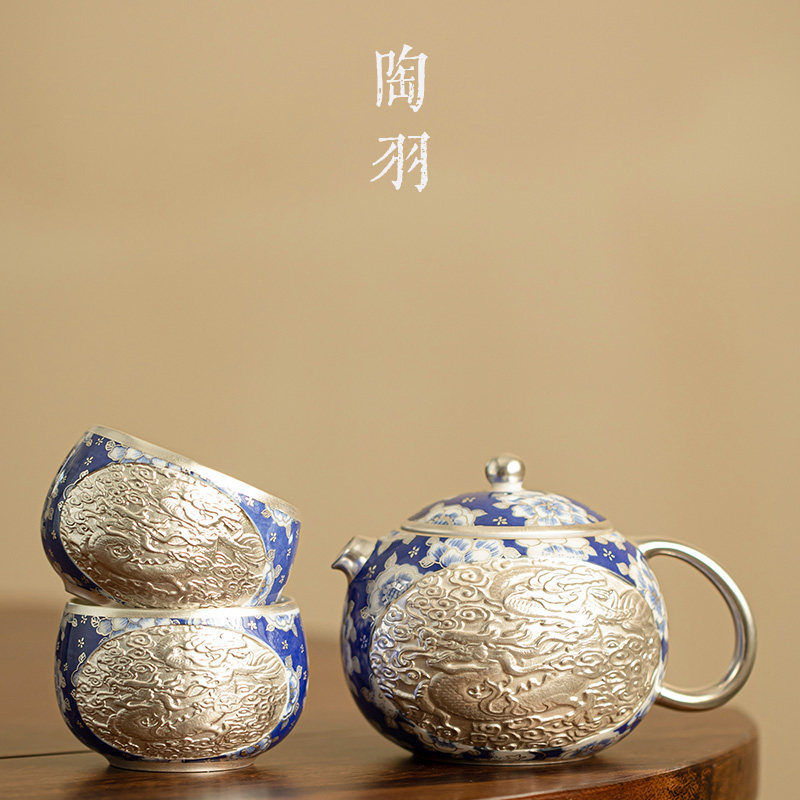 何赋森鎏银龙凤西施壶茶壶浮雕青花一壶两杯功夫茶具家用泡茶壶