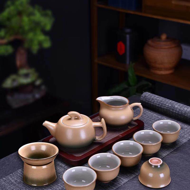 仿柴烧盖碗陶瓷泡茶碗盖茶杯茶具石磨泡茶壶旋转石墨茶具套装
