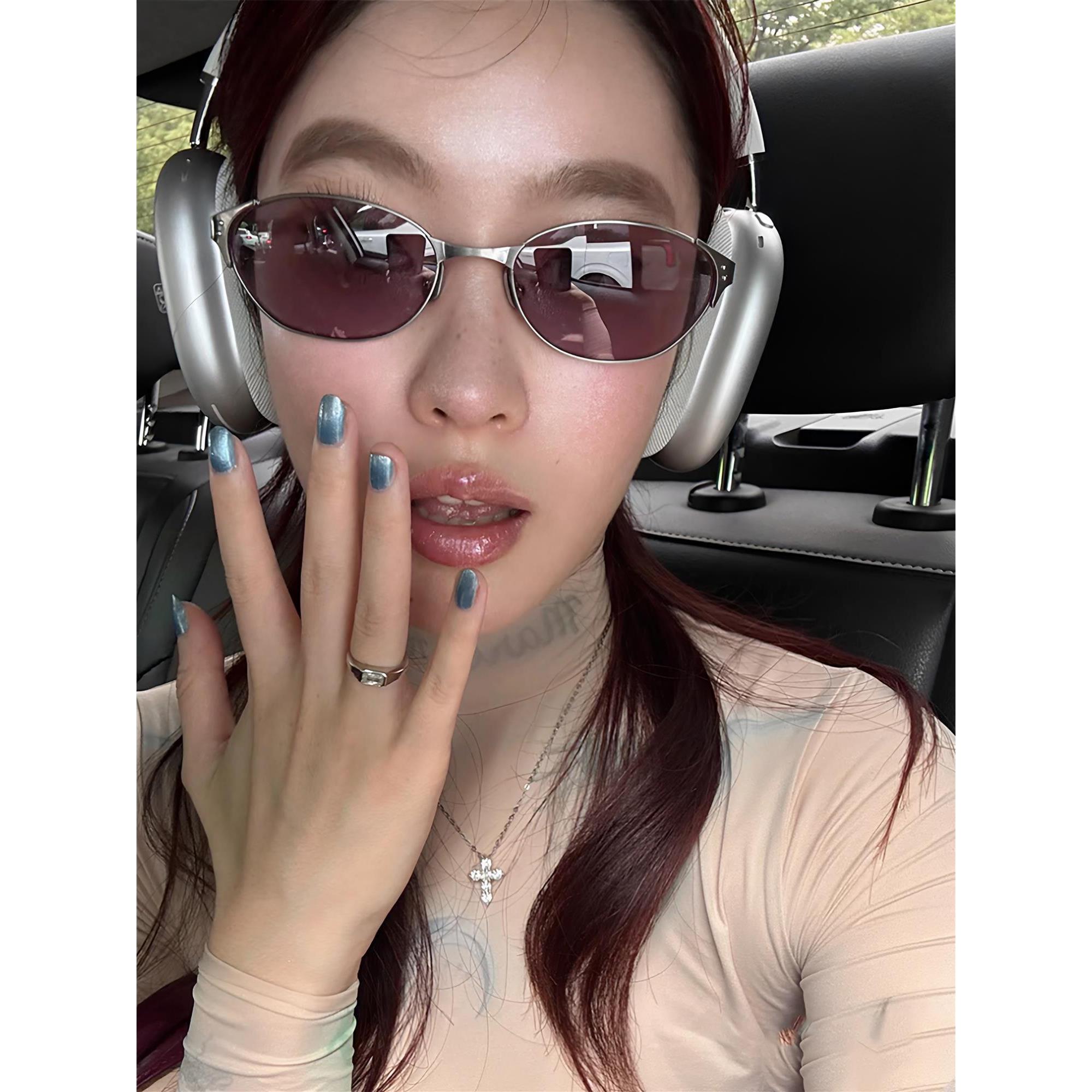 复古金属猫眼紫色墨镜女款y2k时髦凹造型辣妹太阳眼镜防晒韩系潮