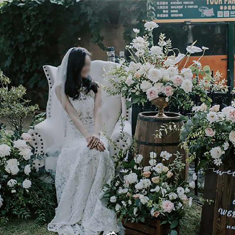 暖粉婚礼森系拱门花艺铁架装饰花束路引排花黄庆摄影背景布置绢花