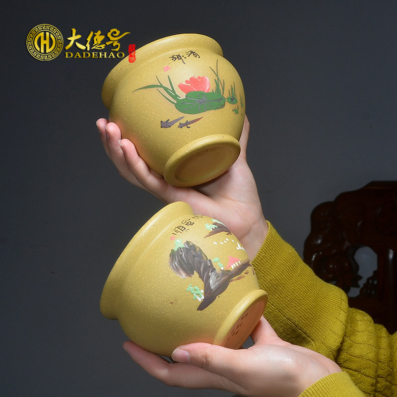 多肉花盆 无孔水培铜钱草文竹办公桌专用 宜兴陶瓷紫砂花盆带托盘