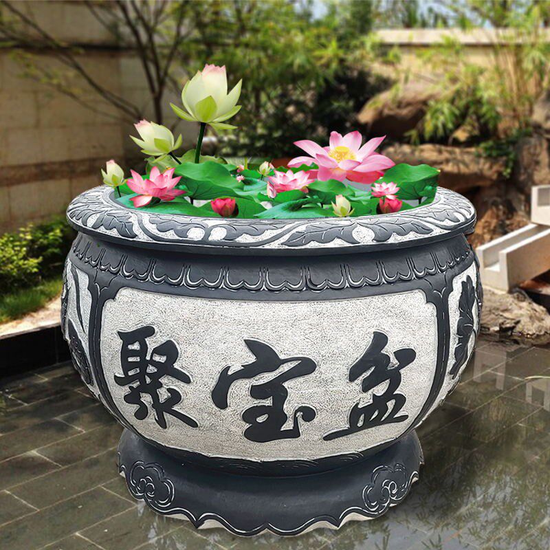 石雕鱼缸花盆青石仿古做旧圆形荷花缸户外室内庭院装饰石头缸摆件