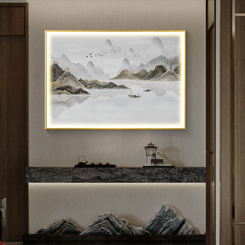 带灯发光电表箱装饰画新中式餐厅免打孔墙壁画电闸开关盒遮挡挂画
