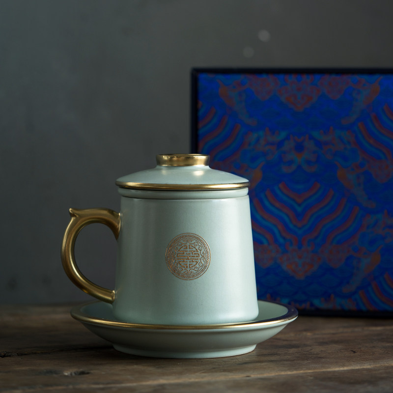 描金汝窑办公杯茶水分离泡茶杯陶瓷汝道中式茶杯过滤大容量老板杯