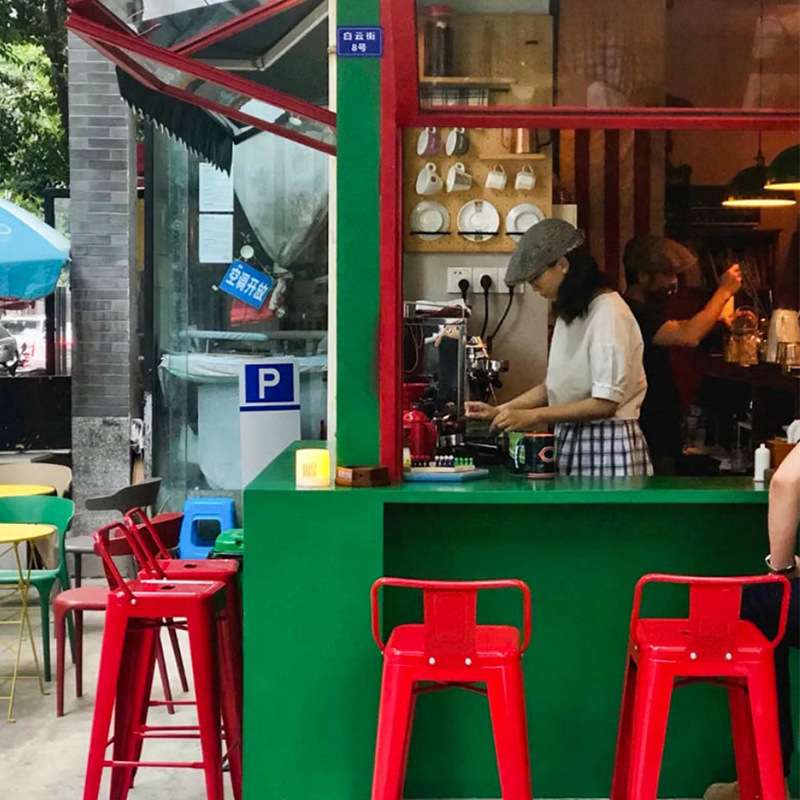 工业风格咖啡奶茶店烧烤店高脚凳红色室外摆吧椅吧台椅子金属材质