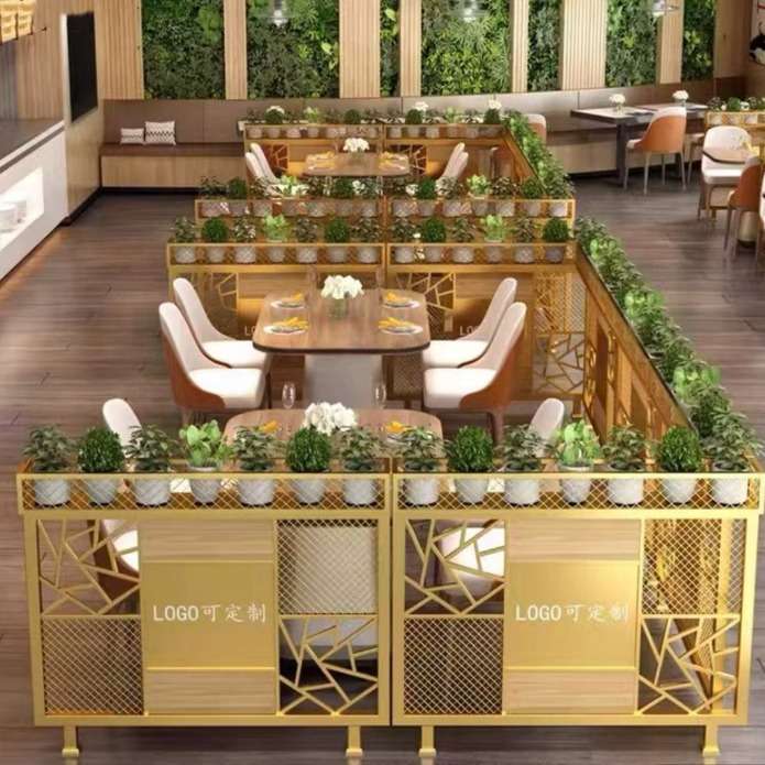 餐厅卡座矮隔断铁艺绿植栅栏饭店屏风餐饮火锅烧烤店酒吧带灯隔断