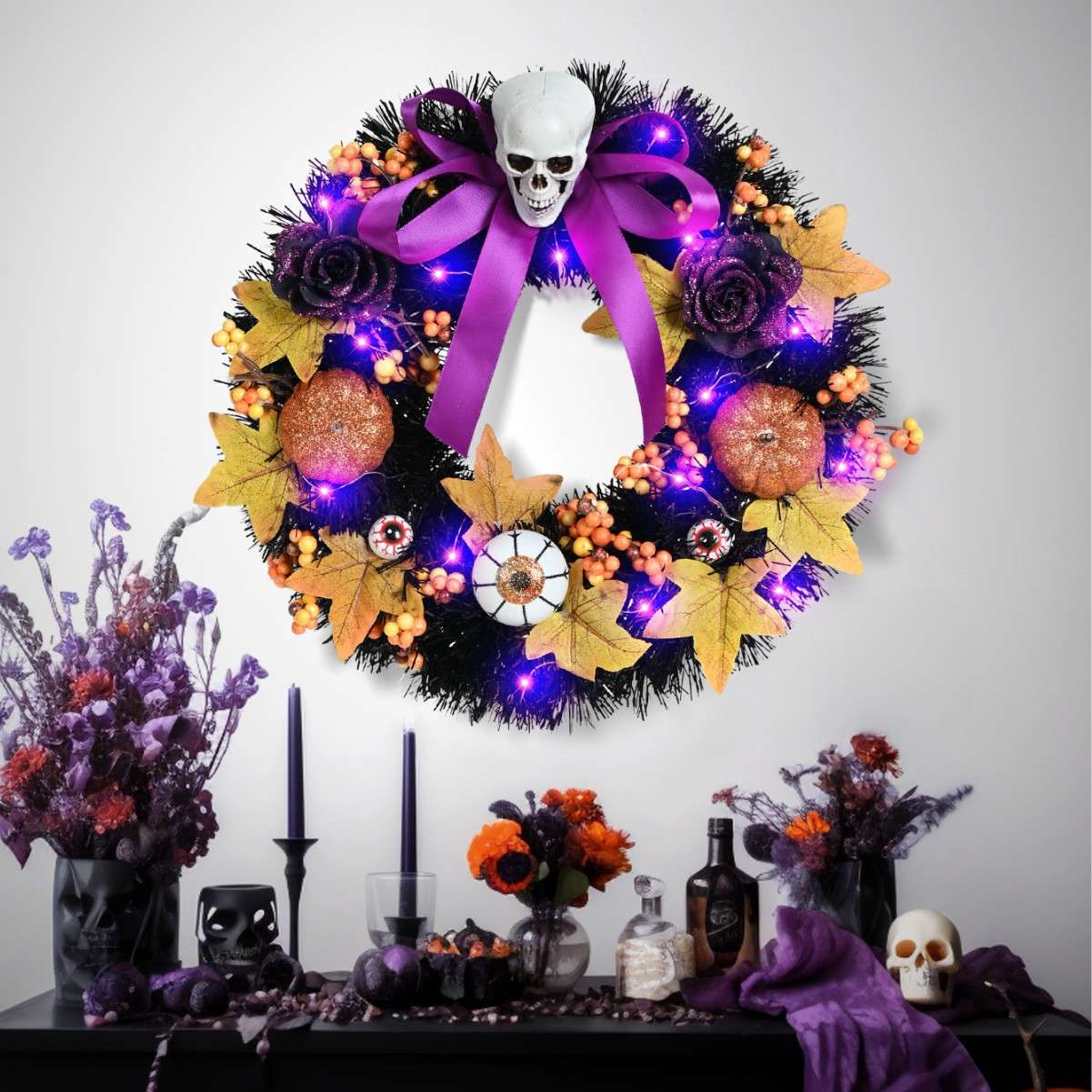 亚马逊爆款万圣节花环门前挂件鬼节骷髅南瓜枫叶黑色滕圈带灯花环