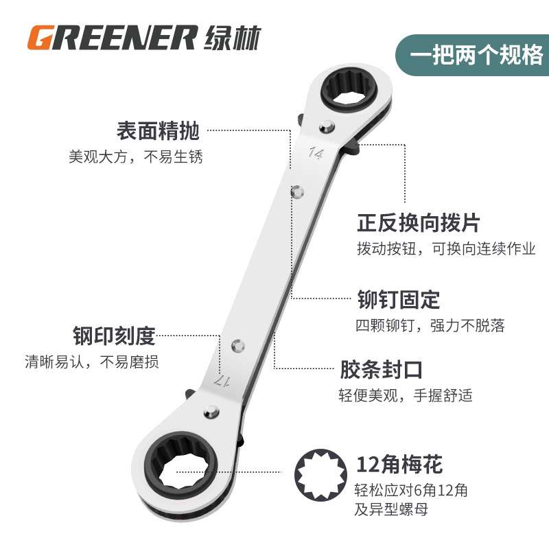绿林棘轮扳手快速套筒刺轮省力快板双头双向自动两用汽修维修套装