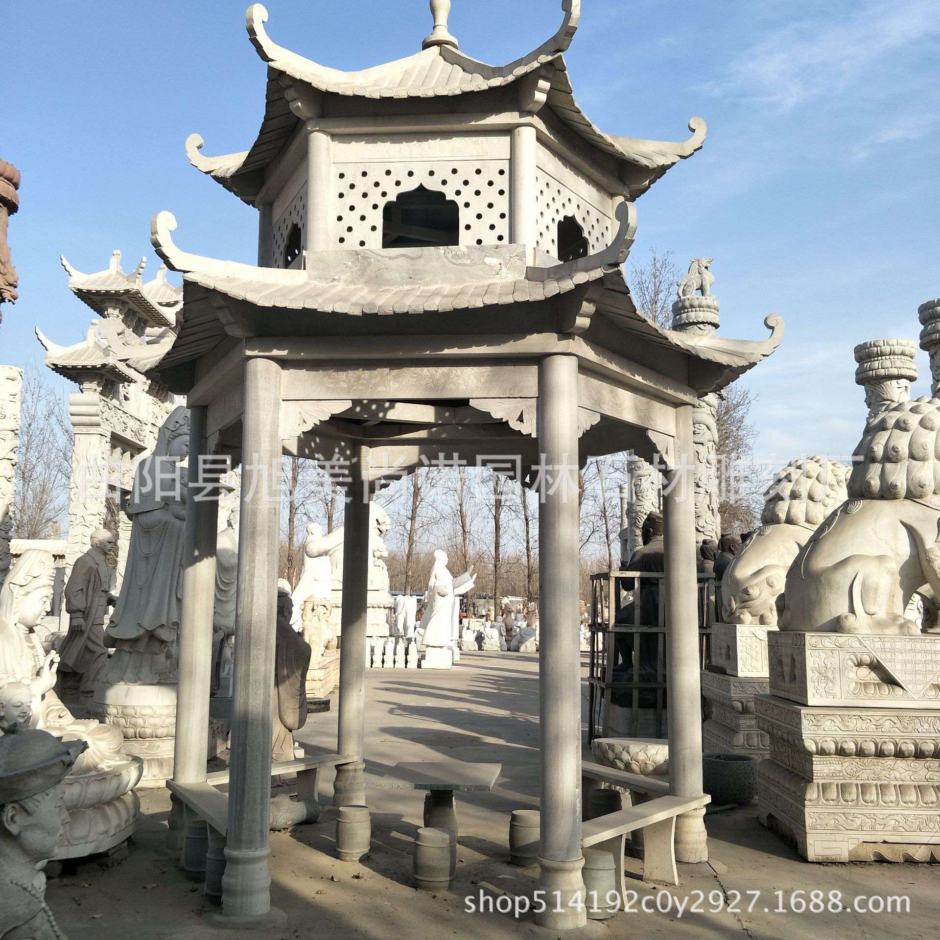 石雕凉亭花岗岩凉亭双层六角亭子公园广场景观摆件石雕石亭子