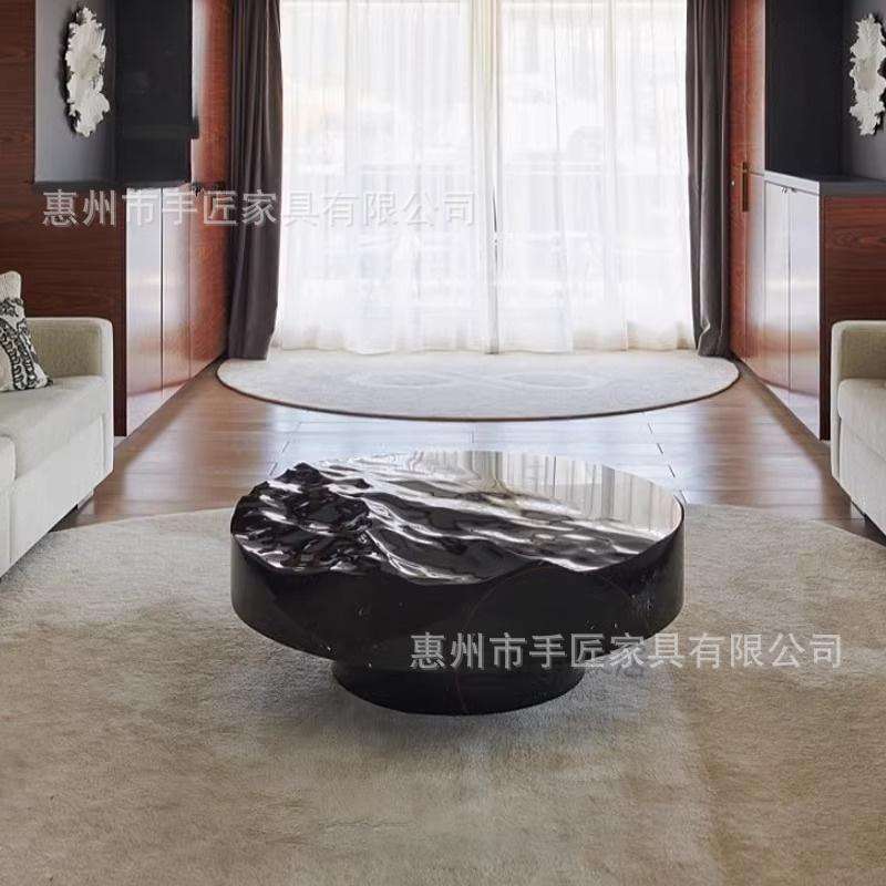 玻璃钢个性水波纹茶几轻奢极简海洋波浪造型仿大理石禅意圆形茶桌