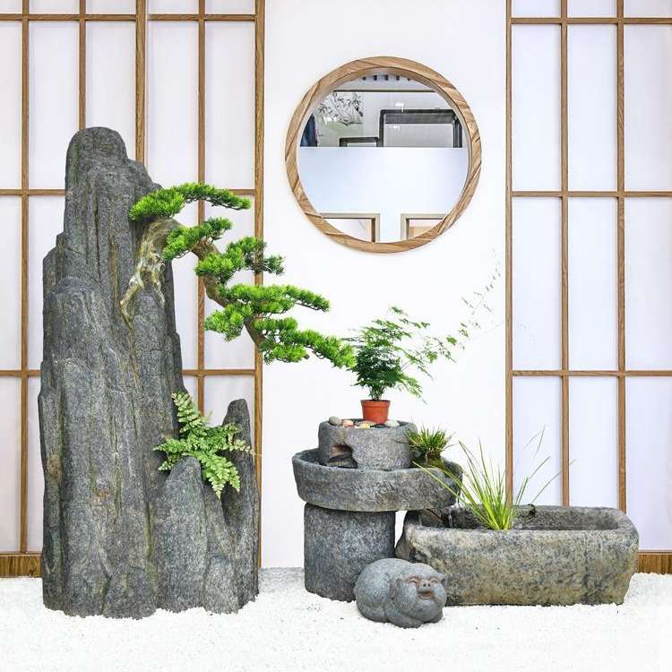 中式假山流水摆件庭院装饰落地喷泉石槽水池石头造景松树景观