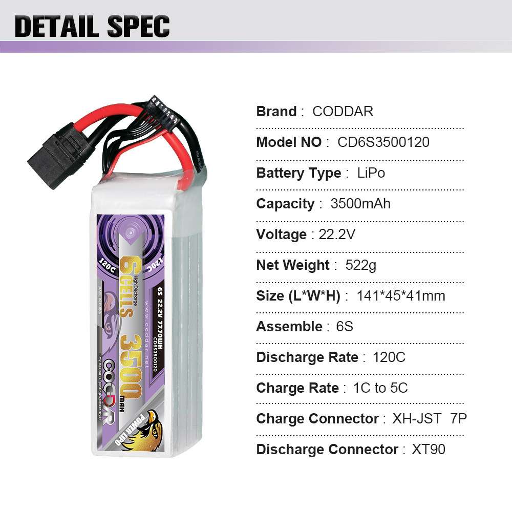 CODDAR鹰氪3500MAH 6S 120C航模穿越机7寸X8固定翼涵道直升机LIPO