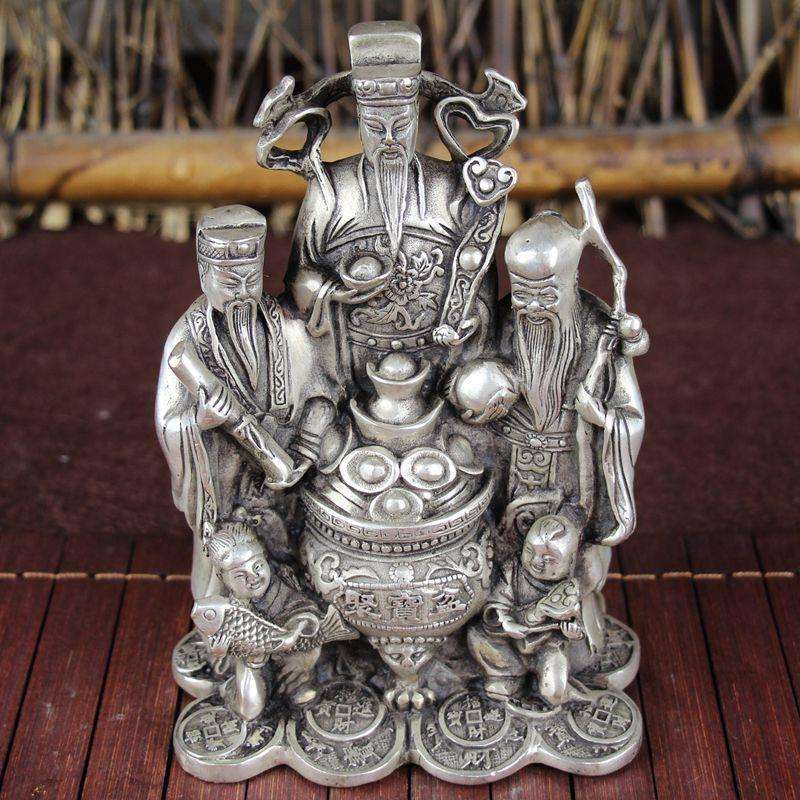 古玩杂项仿古铜器白铜书房居家摆件工艺品五禄财神聚宝盆