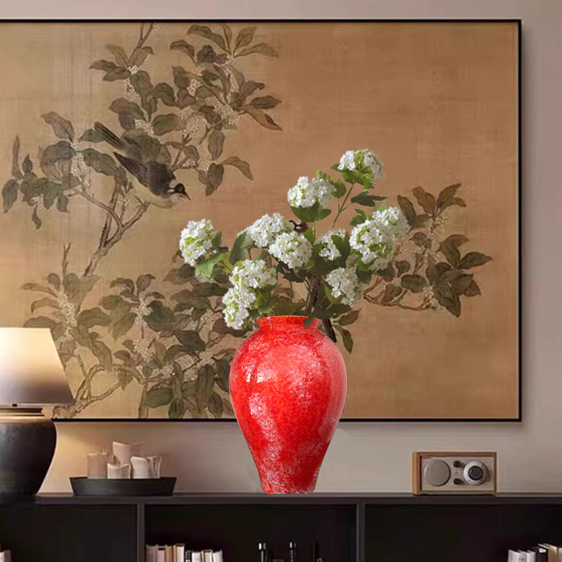 插梅花的花瓶新中式插干花水培两用养国潮红梅色系台面陶瓷摆件