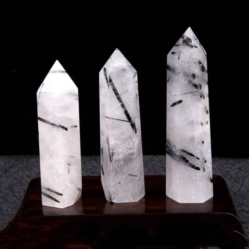 厂家 天然黑碧玺黑发晶水晶柱10*3cm单尖六棱柱能量石原石打磨