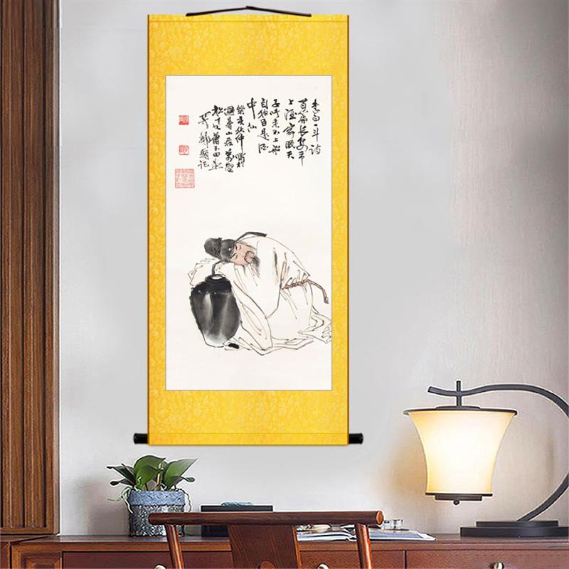 中式酒文化卷轴挂画李白醉酒图人物画像复古风格装饰字画可来图定