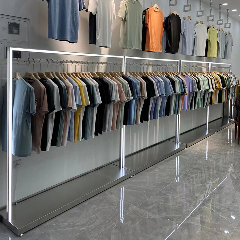 服装店展示架落地式不锈钢高档网红带灯中岛侧挂女装店货架陈列架
