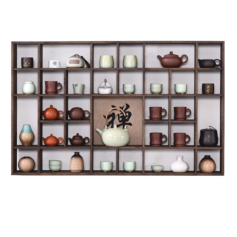 禅意烧桐博古架实木多宝阁壁挂置物架茶具茶杯架挂墙紫砂壶展示架