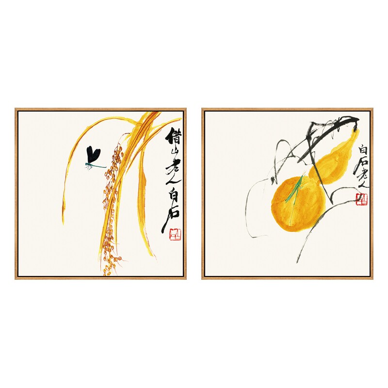 齐白石装饰画葫芦挂画禅意水墨国画客厅四联画餐厅卧室床头画方形