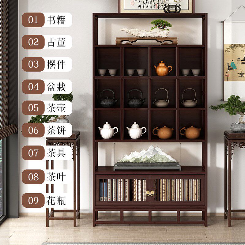 新中式博古架茶柜置物架家用多宝阁茶叶收纳柜紫砂壶展示柜古董架