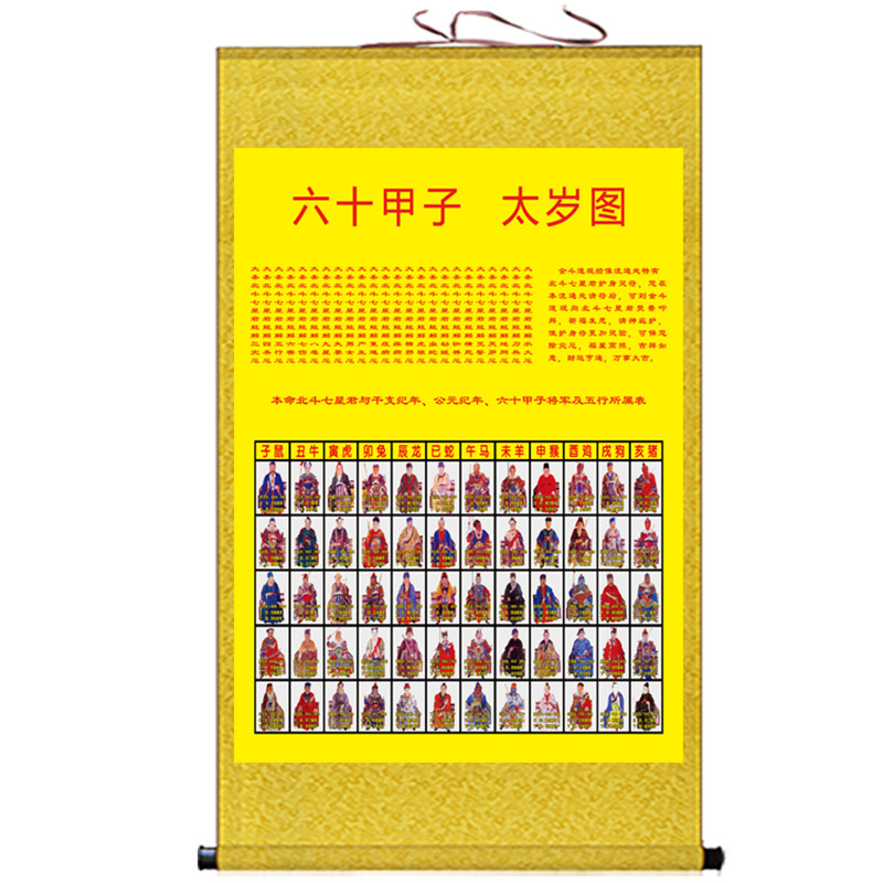 六十甲子太岁图挂画全神图人物像装饰画客厅玄关丝绸卷轴画可定制