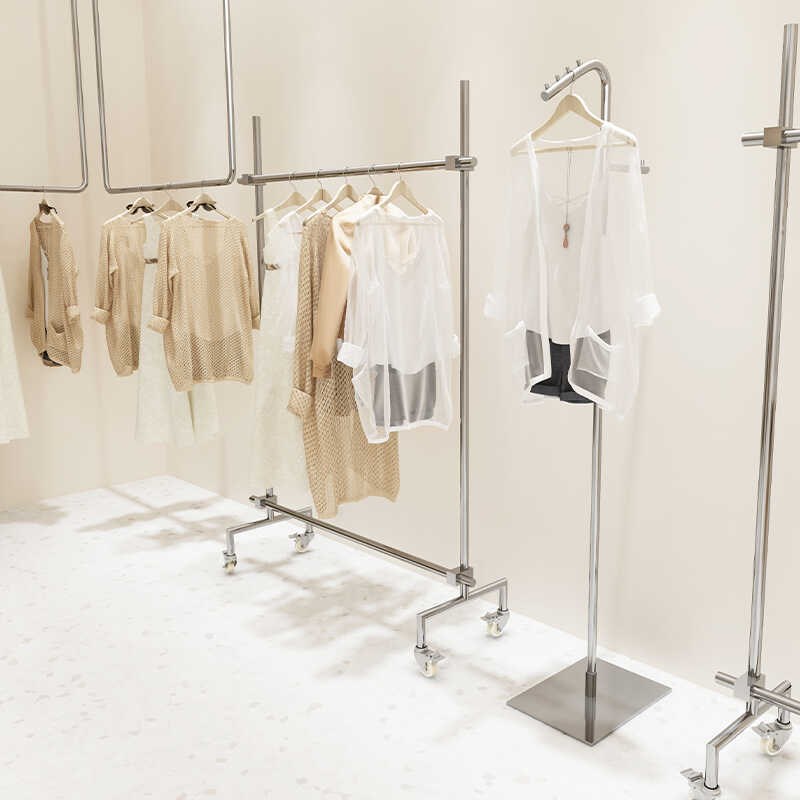 服装店展示架不锈钢吊架悬挂带轮子女装店橱窗升降可调节挂衣杆
