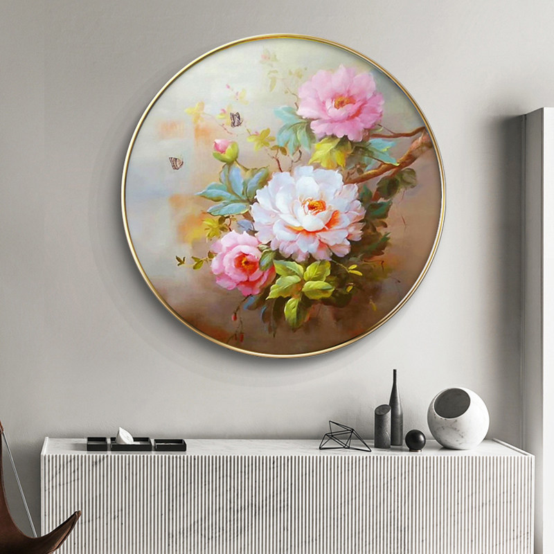 牡丹花开国色天香新中式圆形玄关装饰画进门入户背景墙壁挂画定制