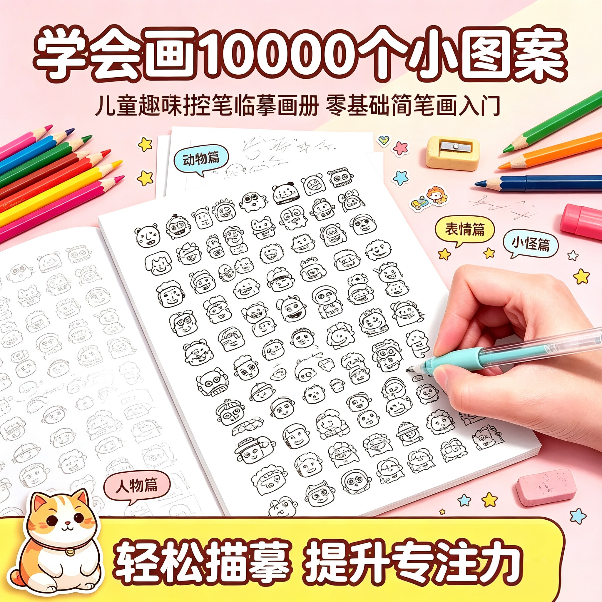 学会画10000个小鼻嘎摸鱼线条画线稿临摹绘画本简笔画解压QY