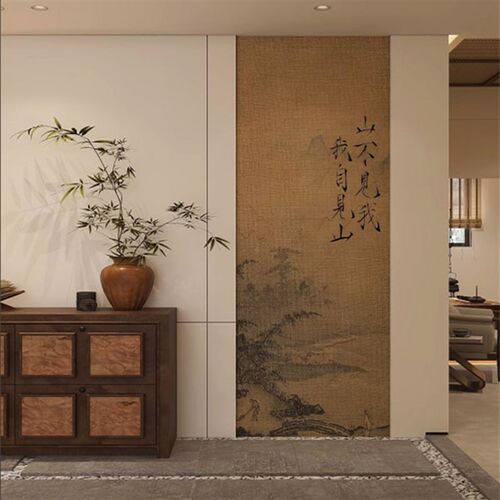 定制壁画宋式美学墙布江山秋色图竖幅壁画线形墙纸卧室客厅背景墙