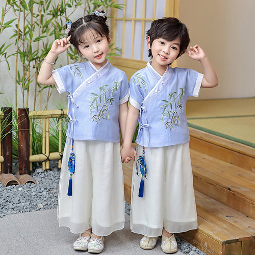 儿童汉服女童夏装短袖套装中国风幼儿园园服男童复古端午表演出服